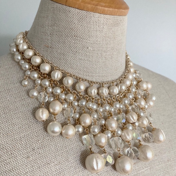 1970s Cotton Pearl Bib Necklace, Vintage Faux Pearl Multi Tier Necklace - Picture 2 of 7